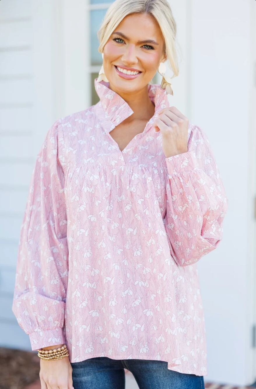 Romantic Cottagecore Shop The Mint Pink Floral Ruffle Collar Coastal Preppy Top